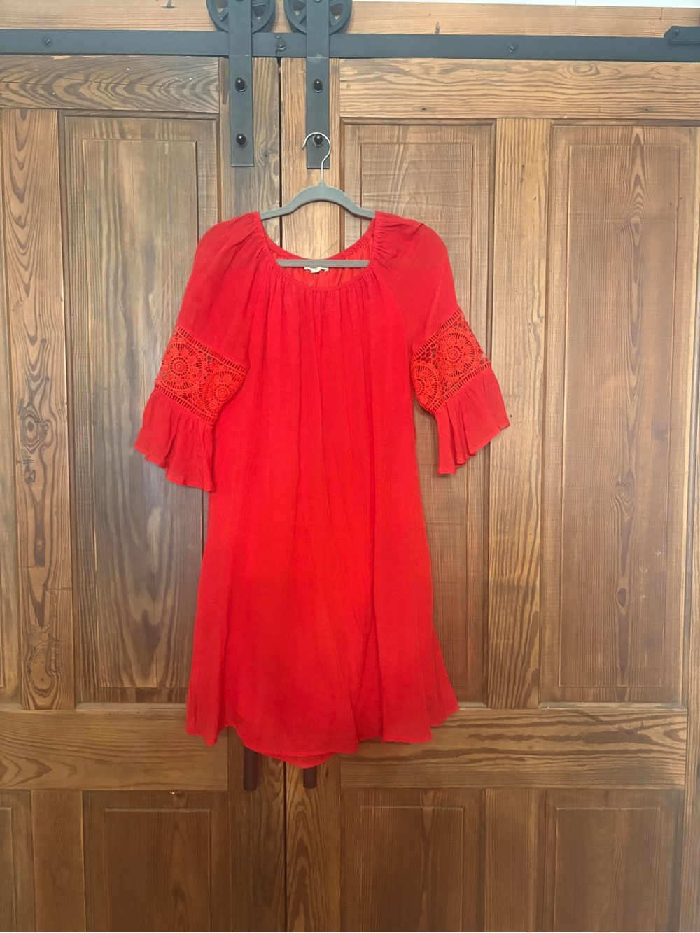 Red Crochet-Sleeve Casual Women's Dress